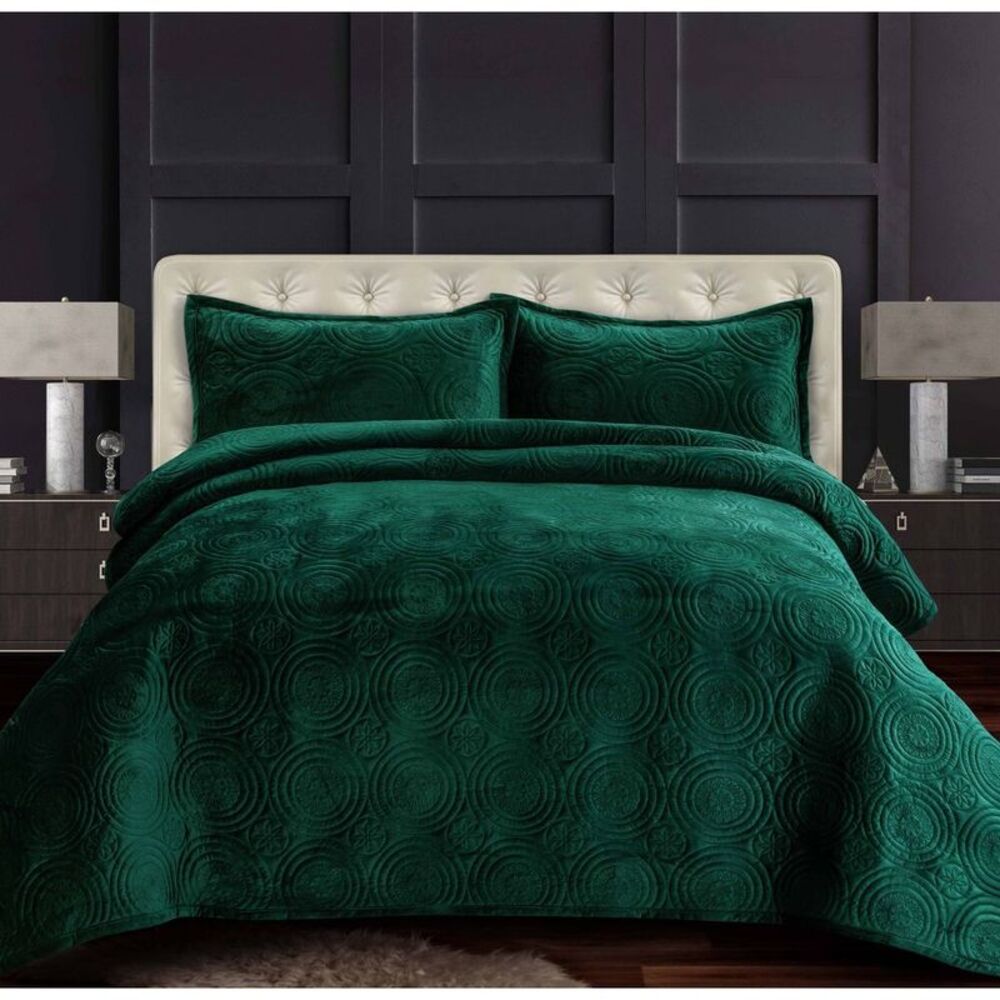Tribeca Living - 2pc Twin Capri Medallion Velvet Oversized Solid Qu Green